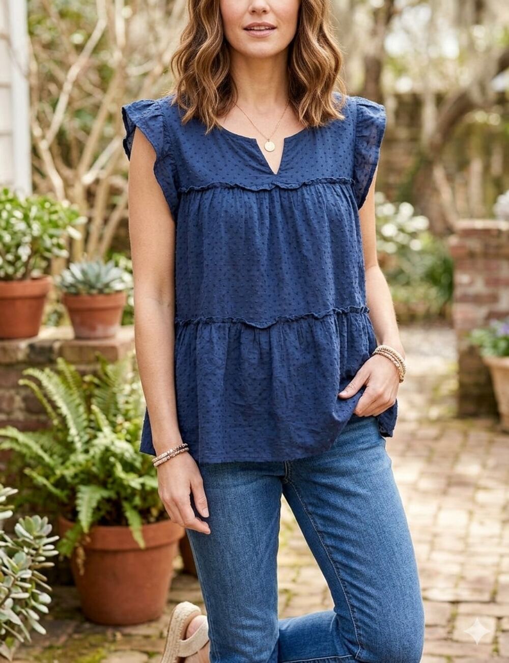 Boho Cottagecore Navy Blue Swiss Dot Babydoll Tiered Tunic Blouse Plus Size 3X